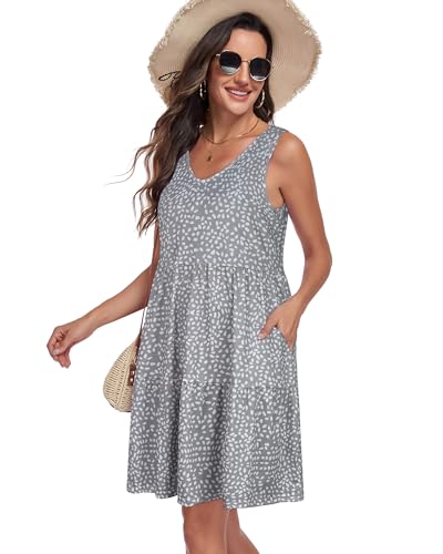 Image of Sundresses for Women Summer Sleeveless Tiered Swing V Neck Tank Dress | 2026 Casual Loose Tank Dress with Pockets, A-Line Flowy Beach Sun dress, Vacation Cruise Fashion Outfits