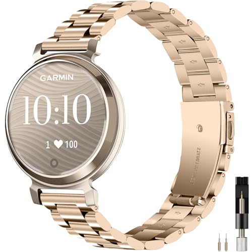 Miimall Metal Band Compatible for Garmin Lily 2/2 Active Band Lightweight Women Slim Luxury Stainless Steel Chain Replacement Bracelet Fancy Adjustable Wristband for Lily 2/2 Active Champagne Gold