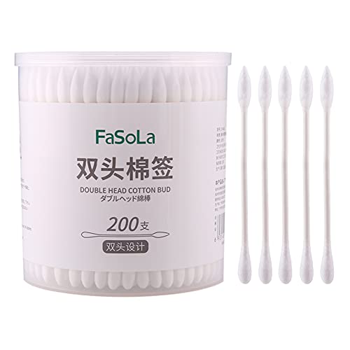 FaSoLa 200 Count Cotton Swabs with Paper Sticks, Double Round Cotton Tip for Makeup, Natural Cotton Buds for Ears, Kids Safety Swabs with Storage Box,White, Point and Round