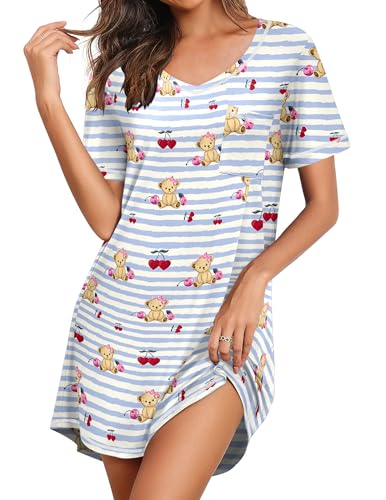 Image of Ekouaer Nightgowns for Women Short Sleeve Sleep Shirts V Neck Nightshirts Soft Sleepshirt Caual T Shirt Sleepdress