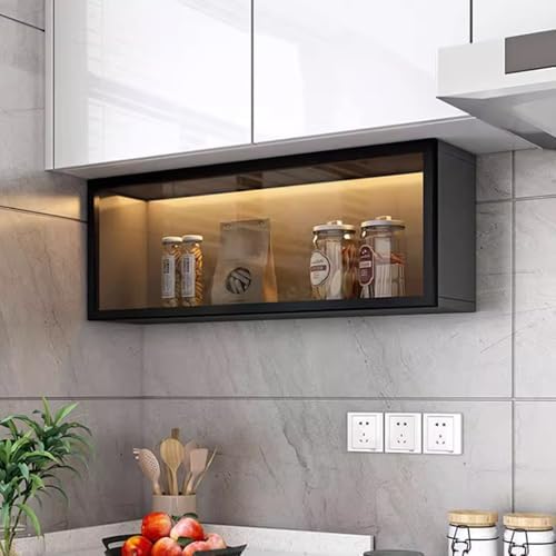 Wall-Mounted Glass Display Cabinet - Gray/White Pantry Storage with Doors, Drill-Free Installation, Lighted Shelves for Kitchen & Bathroom, Stylish Hanging Cabinet (80 * 1)