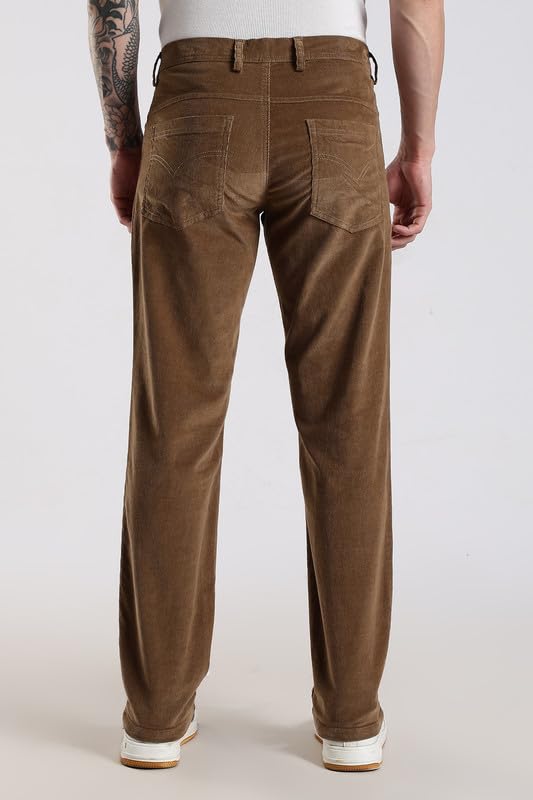 Image of NEVER NEUD Men's Corduroy Trousers, Stylish Mid Rise Straight Fit Pants for Men, 98% Cotton 2% Elastane, Button Closure, 4 Pockets (Khakhi, 32)