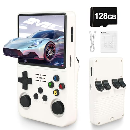 Blidinner R36S Handheld Retro Game Console - Open Source Linux System,Support 30000+ Classic Games ,3000mAh Battery Gaming Console,Portable 3.5 Inch Screen Gaming Console Gift for All (White)(128GB)