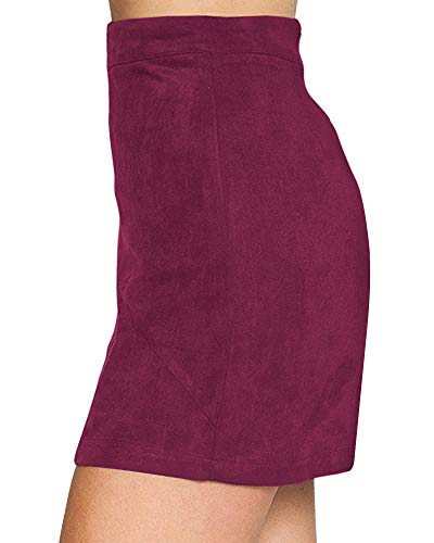 Image of MANGOPOP Women's Basic Faux Suede High Waist A-line Mini Pencil Bodycon Skirt (Wine Red, X-Large)