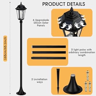 63" Solar Post Lamp Lights 2Pack, Wireless Solar Pole Lights Outdoor, Waterproof Floor Lamp for Patio, Rustproof Aluminum Poles and Bases, Warm White, Changeable Bulb
