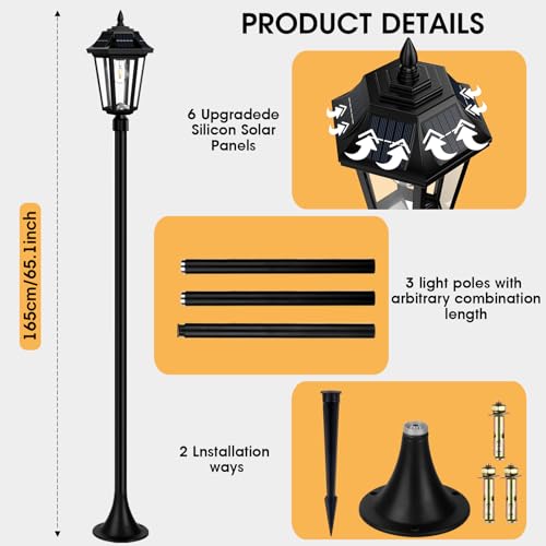63" Solar Post Lamp Lights 2Pack, Wireless Solar Pole Lights Outdoor, Waterproof Floor Lamp for Patio, Rustproof Aluminum Poles and Bases, Warm White, Changeable Bulb