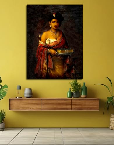Image of Sikhash Raja Ravi Varma Canvas Painting | The Maharani of Travancore | Classical Indian Vintage Portrait Famous Artist Painting for Living Room, Bedroom 35X26 Inches Unframed.