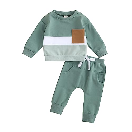 Image of BeQeuewll Fall Winter Toddler Baby Boy Clothes 2Pcs Color Block Crewneck Sweatshirt and Pants Sweatsuit Little Boy Clothing