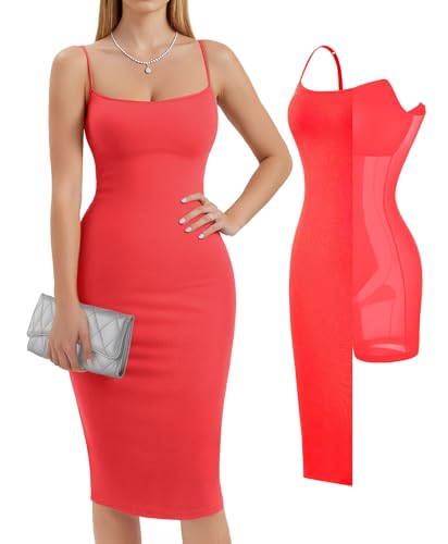 Image of Popilush Womens Summer Shapewear Dress - Bodycon Cocktail Graduation Party Midi Dresses with Built-in Bra