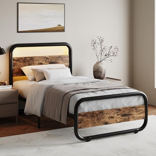 Image of Twin Bed Frames, Metal Platform Twin Bed Frame with Wood Headboard, Brown | RBG LED Lights /Heavy Duty Metal Slats Support /12 in Under-Bed Storage /Noise-Free /No Box Spring Needed /Easy Assembly