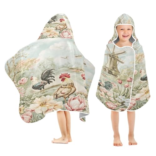 Kigai Rooster Flowers Hooded Beach Towel for Kids Soft Absorbent Quick Dry Bath Towel with Hood Lightweight Toddler Shower Pool Bath Wrap for Boys Girls