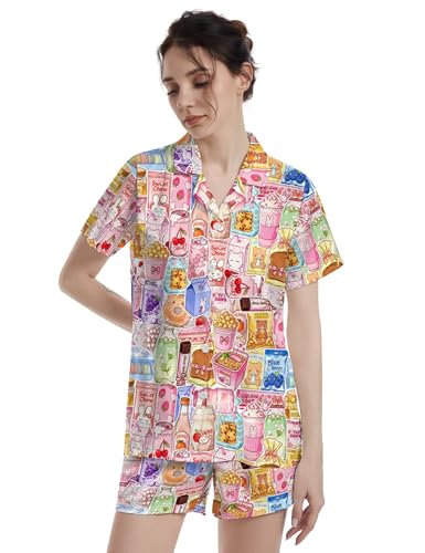 Image of Funny Satin Pajamas Set for Women Button Down Sleepwear Print Pjs Set 2 Piece Short Sleeve Loungewear Gift for Women