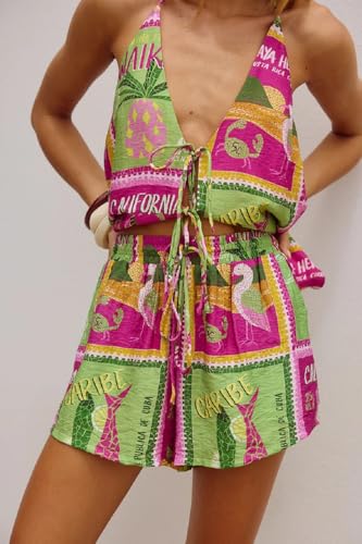 Image of ROAONOCOMO Women Tie Front Shorts Set V Neck Halter Cami Top Y2K 2 Piece Pj Set Graphic Summer Beach Lounge Outfit