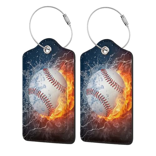 Baseball Luggage Tags, Leather & Steel Loop, 2 Pack