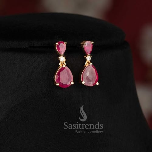 Image of Sasitrends Micro Gold Plated American Diamond Ruby stone Studded Necklace Jewellery Set