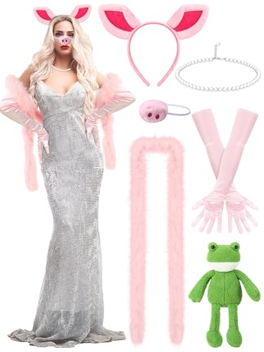 Aurelema 6 Pcs Pig Costume Accessories Set Pink Pig Ears Headband Snout Pearl Necklace Elbow Length Satin Gloves Feather Boas and Plush Frog Doll for Women Dancing Wedding Party Halloween Cosplay