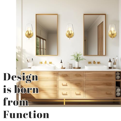 Image of Hamilyeah Gold Sconces Wall Lighting Set of 2, Bathroom Wall Lighting Fixtures Brass, Modern and Vintage Wall Lights with Clear Champagne Glass Shade for Bedroom, Fireplace, Hallway, Kitchen