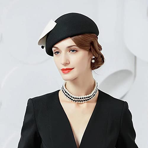Oridoor Women Vintage Wool Felt Flowers Hat Church Wedding Dress Fascinator Hat Winter Felt Fedoras 001 Black&White thumb #4