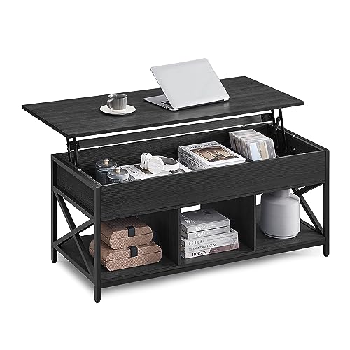 VASAGLE Lift Top Coffee Table, Lift Coffee Table with Storage Shelf, Hidden Compartments and Lifting Top, for Living Room, Office, 19.7 x 47.2 x (19.3-24.4) Inches, Black with Wood Grain ULCT212B22