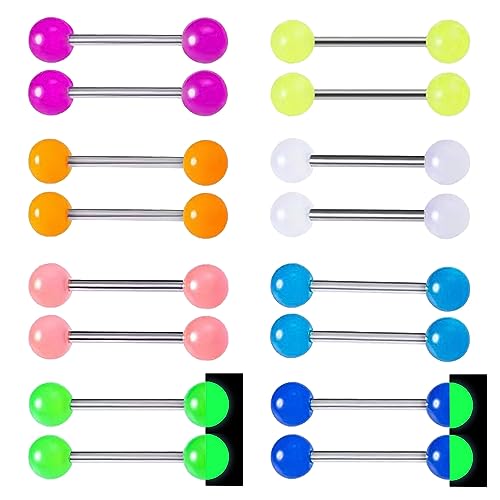 16Pcs Glow in The Dark Nipple Rings Tongue Rings 14G 316L Surgical Steel Glitter Acrylic Sequin Starry Sky Tongue Nipple Barbells Piercing Jewelry for Women Men