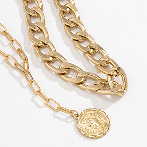 JWICOS Gold Boho Cuban Chunky Necklace Layered Dainty Paperclip with Coin Pendant Choker Chain for Women (Gold)4