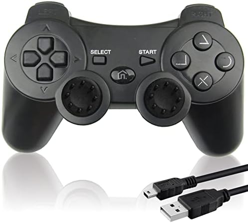 Bek Controller replacement for PS3 Controller Wireless Remote Gamepad, Thumb Grips, Double Shock 3 Vibration, Motion Sensors, Rechargeable Battery, compatible with Sony Playstation 3 Color (Black)