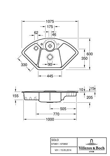 Villeroy & Boch Solo Eckspüle, inklusive Ablaufgarnitur mit Excenterbetätigung, aus Keramik, 1075 x 600 mm, Graphite CeramicPlus