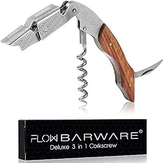 FLOW Barware 3-in-1 Waiter's Friend Corkscrew, Bottle Opener, & Foil Cutter | Cork Screwer Bottle Opener | Stainless Steel Cork Screw with Rosewood Handle | New Home Essentials, Gift for Wine Lovers