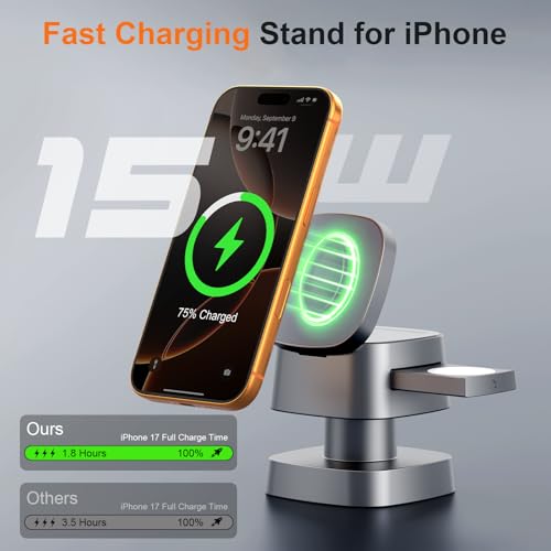 AIYUNDI 4 in 1 Wireless Charging Station for Apple Devices with Night Light, Mag-Safe Charger Stand, 15W Fast Charging for iPhone 17/16/15/14/13/12 Series, iWatch & AirPods(with USB-C Cable) - image 2
