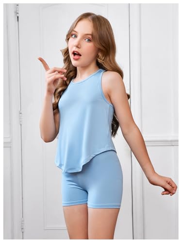 OYOANGLE Girl's 2 Piece Outfits Open Back Racerback Tank Top and Shorts Workout Sets4