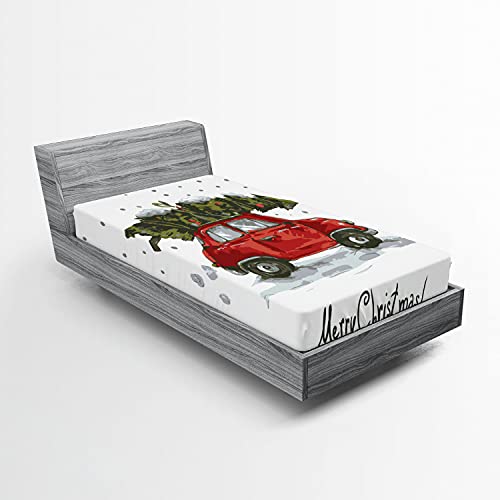 Ambesonne Christmas 2 Pack Fitted Sheet, Retro Car with Tree, Bed Cover All-Round Elastic Deep Pockets 2 Pieces, Package Contains 2 Twin Size Fitted Sheets, Green Red
