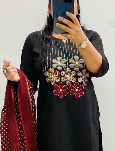 Image of BHARVITA Women's Cotton Embroidered Anarkali Kurta and Palazzo with Dupatta Set | A-line fit