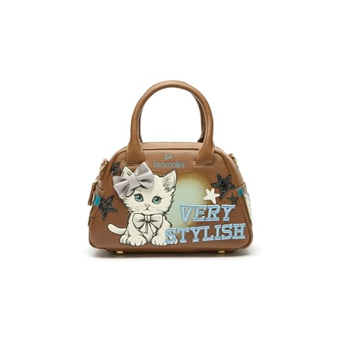 Bauletto a mano in similpelle con doppio manico rigido, arricchito da un’applicazione romantica con un tenero gattino, fiocco in tessuto e scritta 