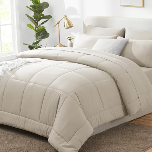 CozyLux Oversized Queen Comforter Sets Beige, 7 Pieces Bed in a Bag, Ultra-Soft All Season Bedding Sets with Stitch Quilted Comforter, Flat Sheet, Fitted Sheet, Pillowcases
