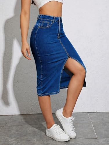 Image of Tagas Women High Waist Denim Midi Skirt with Front Slit | Stretchable Bodycon Pencil Skirt | Casual & Stylish Knee Length Skirt