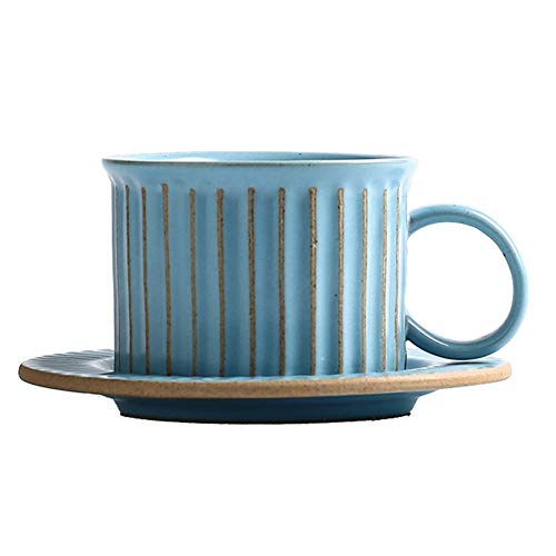 FML Taza de café, tazas de espresso, taza de café de cerámica retro, taza de té con platillo, estilo japonés, taza de café de gres, cerámica, azul, 250 ml