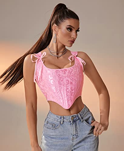 Image of Dreay Womens Vintage Asymmetrical Hem Overbust Corset Tie Front Lace-up Back Bustier Shapewear Top