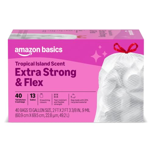 Image of Amazon Basics Extra Strong & Flex Tall Kitchen Drawstring Trash Bags, Tropical Island Scent, 13 Gallon, Tear Resistant with Odor Control, 40 Count