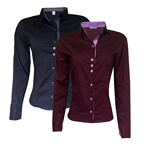 Camisa Social Feminina Manga Longa Preto Bordo Combo 2 Un