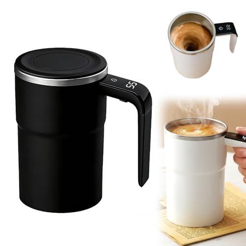 Automatic Magnetic Stirring Coffee Mug with Temperature Display, Rechargeable Self Mixing Cup for Milk Tea, Self Stirring Mug with Lid, Stainless Steel Material Suitable for Coffee, Milk (Black)