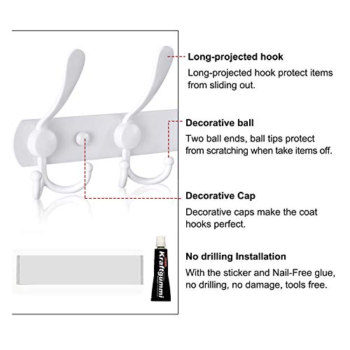 Oyydecor Wall Mounted Coat Rack, 5 Tri Hooks Heavy Duty Stainless Steel Coat Hook Rail for Coat Hat Towel Purse Robes (White) - Thumbnail 6