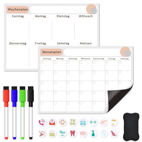 ARVOK Magnetic Whiteboard Wochenplaner abwischbar mit Monatsplaner Kalender Set - 42 x 29.7 cm für Kühlschrank, inkl. 4 Boardmarker, 16 Magnete & Wischeschwamm - Familienplaner Haushaltsplaner