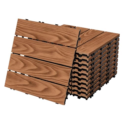 ECD Germany Baldosas de Patio WPC de 30x30 cm 11 Piezas para 1m² Aparencia de Madera Marrón Claro con Sistema de Drenaje e Instalación Mediante Clic, Losa Aspecto Tabla de Leña para Terraza y Balcón