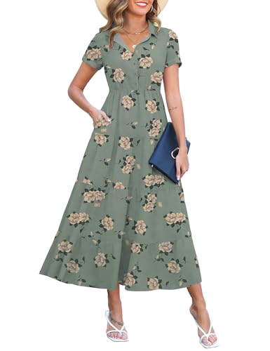 Image of Kranda Women 2026 Summer Collared V Neck Short Sleeve Button Down Chiffon Long Tiered Floral Maxi Dress with Pockets