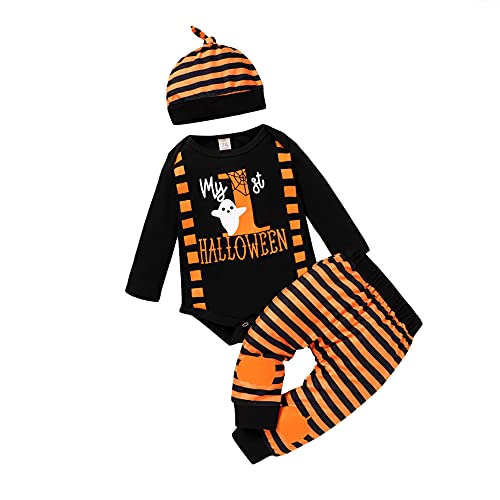 Image of CBHAIBLYD My First Halloween Baby Boy Outfit Clothes Infant Long Sleeve Romper Striped Pants Set with Hat 3PCS