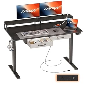 JOISCOPE Height-Adjustable Desk with Monitor Stand and 2 Drawers, Memory Height, Standing Desk with Outlets, USB & Tpye-C and Side Hook, Ideal for Office Desk and Home Desk, 120cm, Black