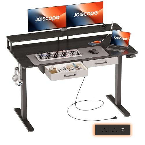 JOISCOPE Height-Adjustable Desk with Monitor Stand and 2 Drawers, Memory Height, Standing Desk with Outlets, USB & Tpye-C and Side Hook, Ideal for Office Desk and Home Desk, 120cm, Black