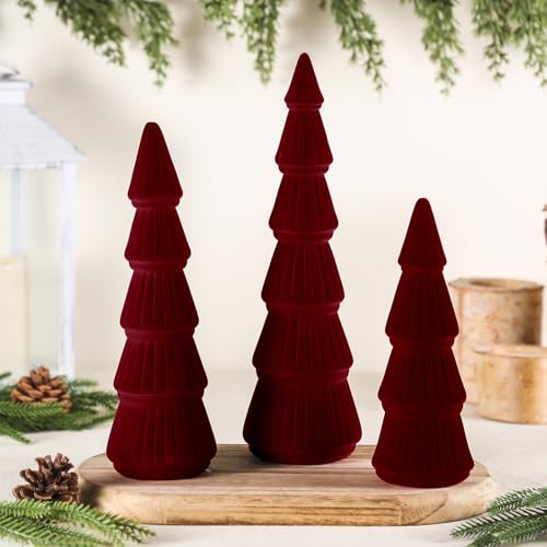 Image of Bucherry 3 PCS Christmas Velvet Tree Decoration - Modern Cone Christmas Tabletop Home Rustic Minimalist Centerpiece for Winter Holiday Mantel Entryway Tree Figurines(Wine Red)