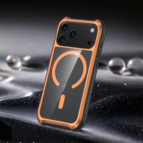 Coque iPhone 17 Pro Max orange avec cadre aluminium pour charger sans fil en terrasse