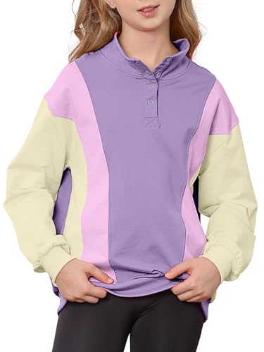LIFAky Girls Kids Long Sleeve Sweatshirt Casual Snap Stand Tops Cute Color Block Pullover Fashion Fall Winter Outfits 9-10Y